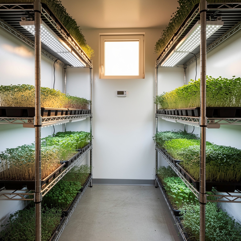 Ambiente de producción de microgreens de tres por tres metros con estantes y luz artificial