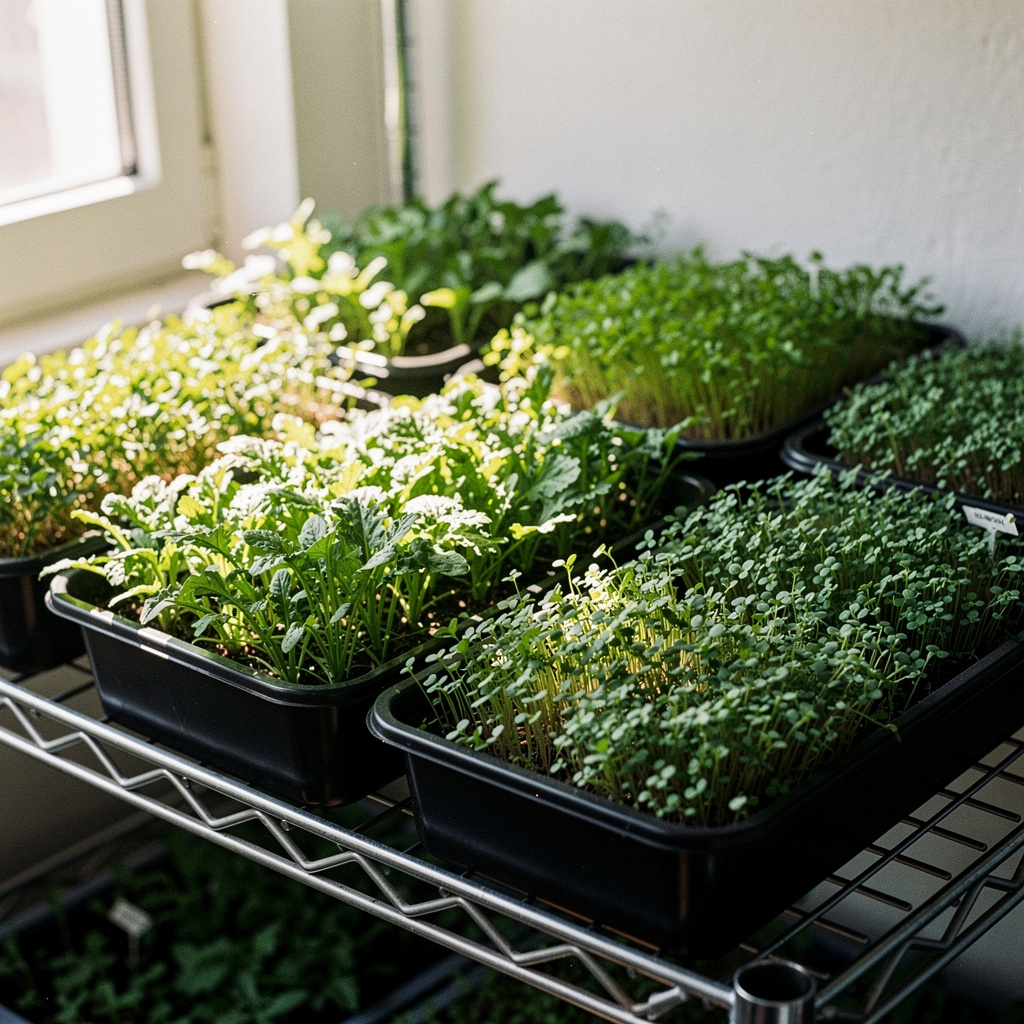 Bandejas de microgreens en estantes de producción doméstica