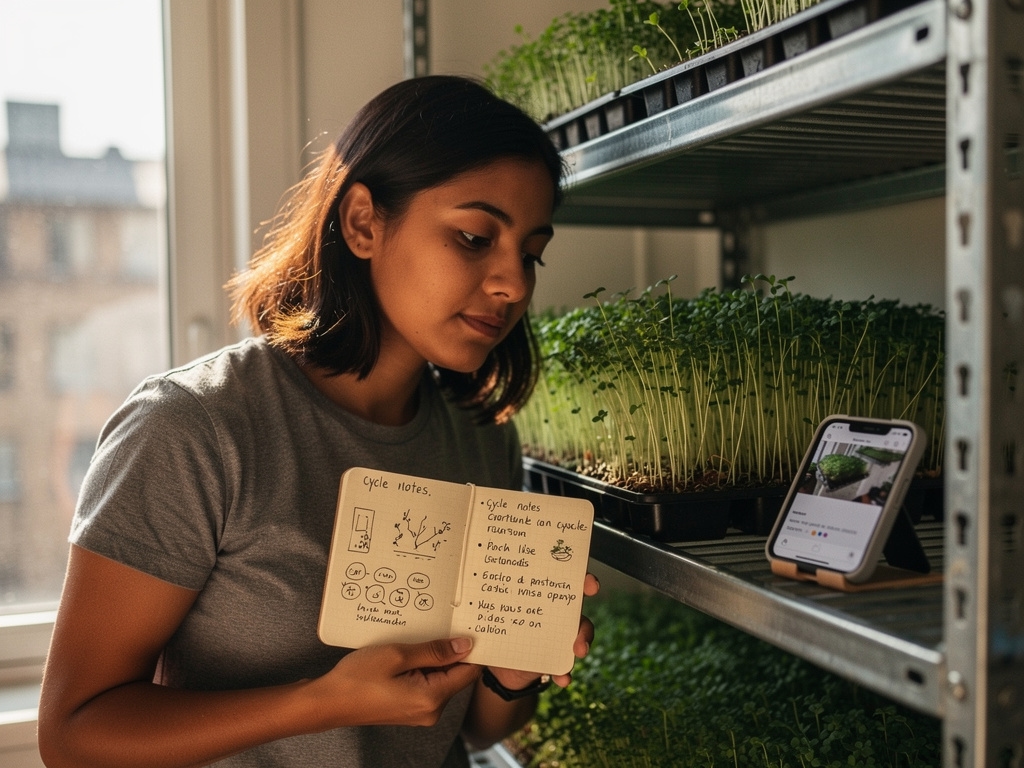 Registro fotográfico de un ciclo de producción de microgreens con anotaciones de costos