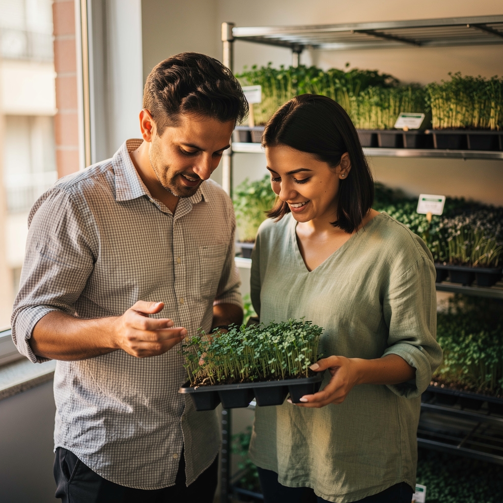 Integrantes del equipo Yorupa revisando bandejas de microgreens en espacio de producción