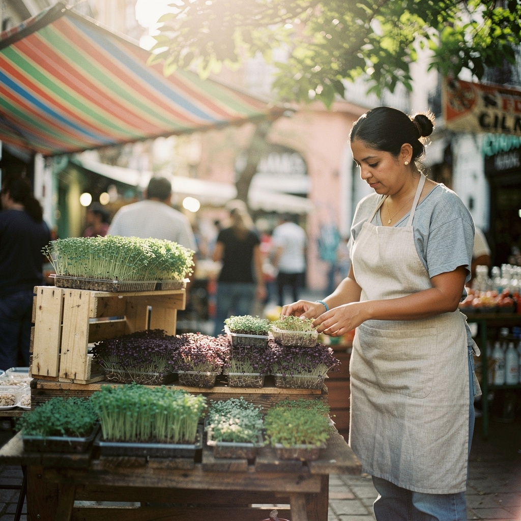 Puesto de venta de microgreens en feria orgánica de Buenos Aires
