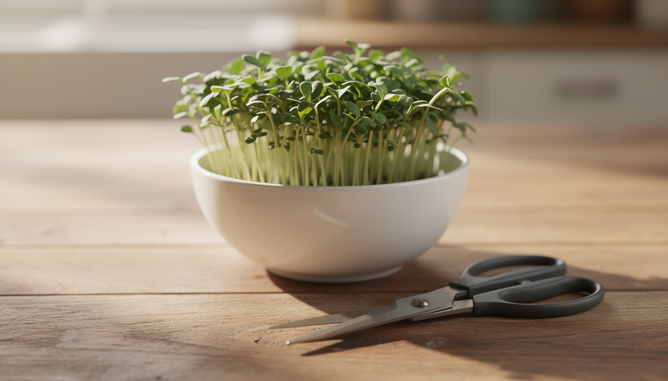 Primera producción de microgreens en bandeja sobre mesa de cocina, con luz natural de ventana