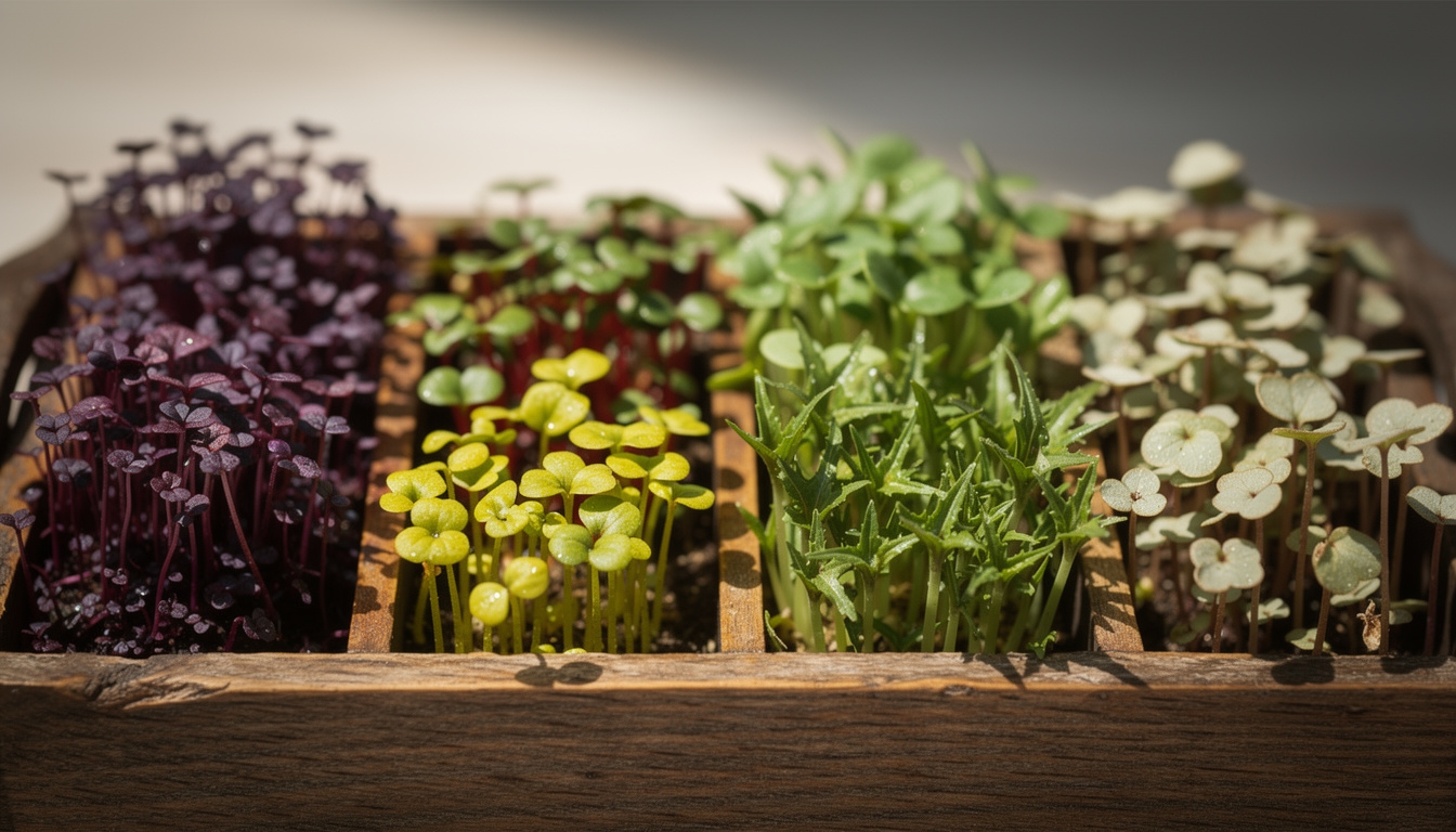 Diferentes variedades de microgreens en bandejas mostrando distintos colores y texturas